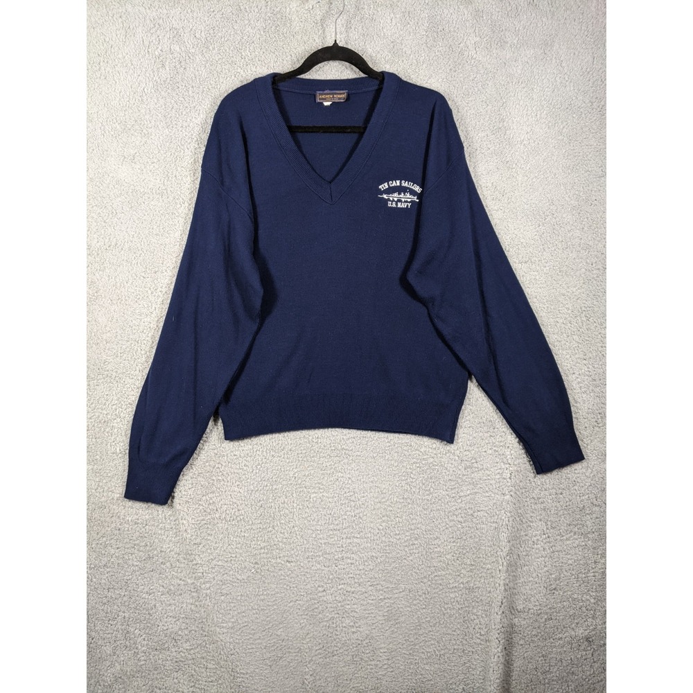 Andrew Rohan Sweater Mens 2XL Navy Tin Can Sailors Embroidered Logo Knit V-Neck